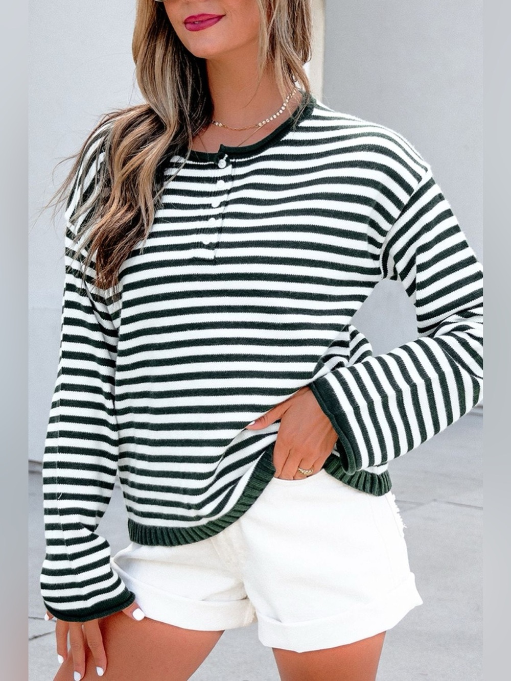 Striped Button Placket Drop Shoulder Long Sleeve Sweater - Picture 13 of 16